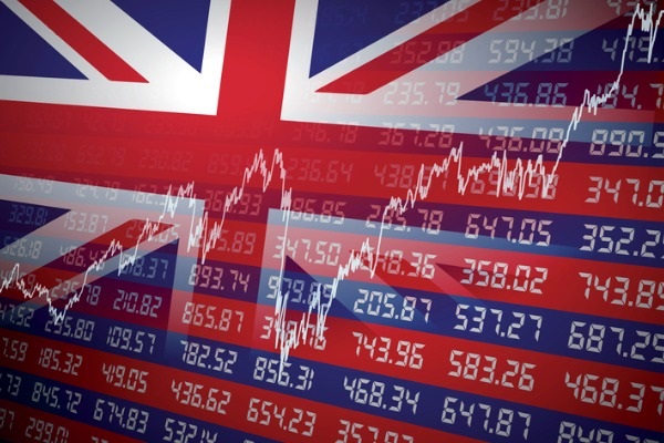 UK flag with stockmarket backdrop.