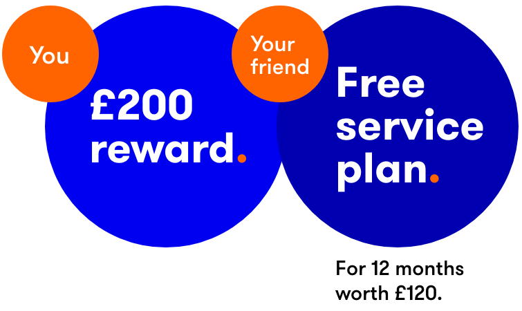 You get a £200 reward. Your friend gets a free service plan for 12 months.