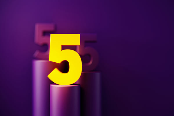 A yellow illuminated five on a purple background 600
