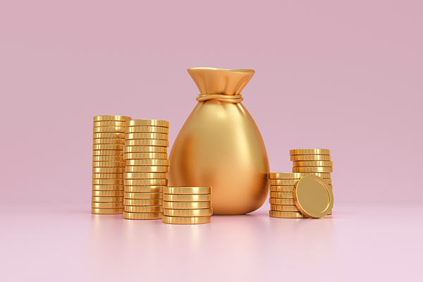 Golden money bag and gold coins 600