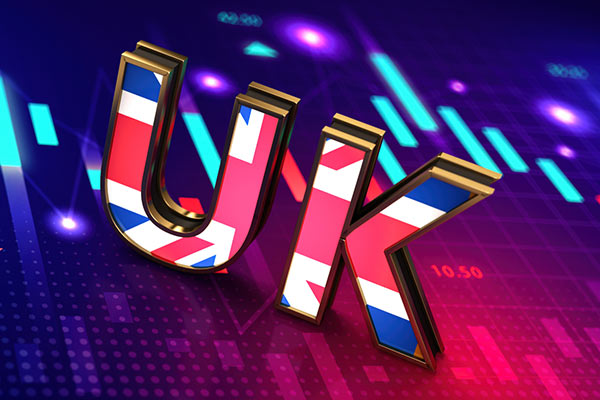 Brightly coloured background and word 'UK' with Union flag on