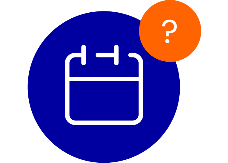 Blue roundel with a calendar and question mark icon in orange roundel