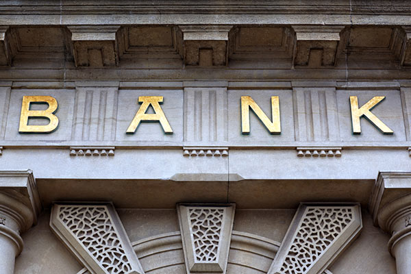 Stone facade with 'bank' on it 600