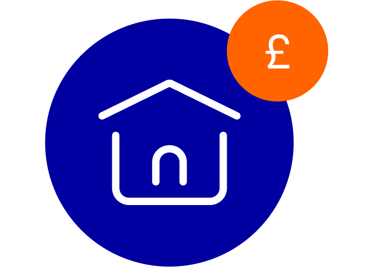 A depiction of a house in a blue circle, with a pound sign in orange.