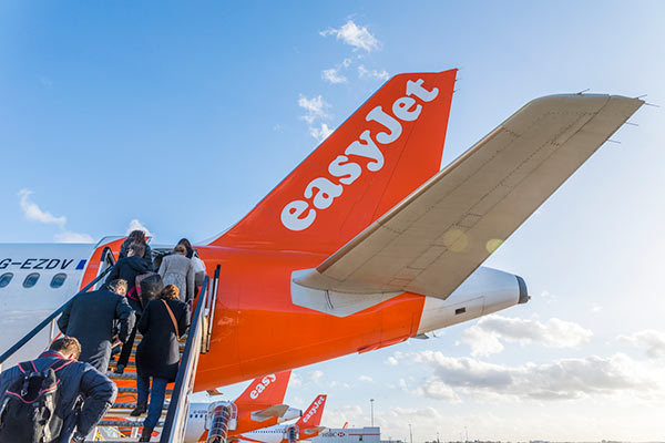 easyJet plane with passengers boarding 600