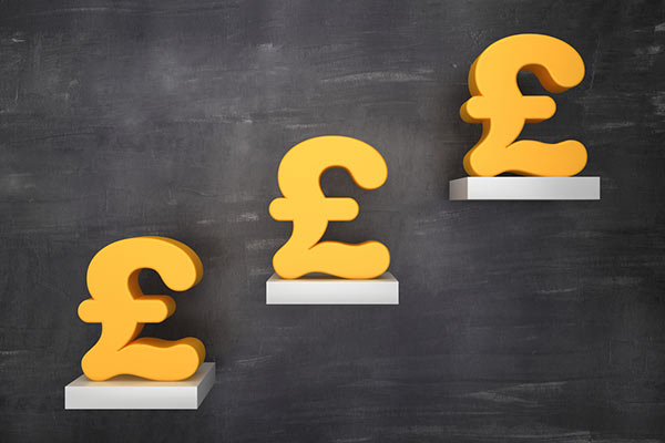 Three yellow pound signs against a black background 600