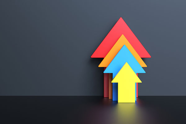 Upgrade to buy with a series of colourful arrows pointing upwards