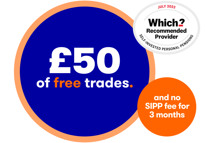 Offer circle with text: £50 of free trades plus 3 months free SIPP