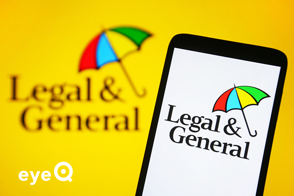 eyeQ Legal & General logo on a smartphone and against a yellow background