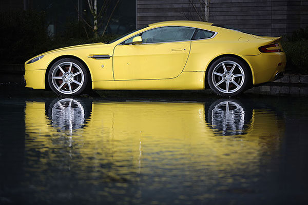 An Aston Martin car outside the company HQ and production plant in Gaydon, England