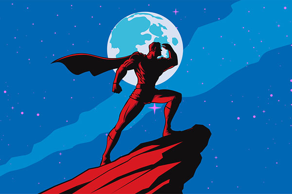 Retro superhero silhouette looking far away with night sky in the background