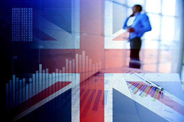 UK flag, businessman and design with bars (money, finance, business) Getty