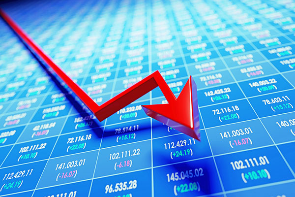 Red Arrow Moving Down Over Stock Market Data On Trading Board 