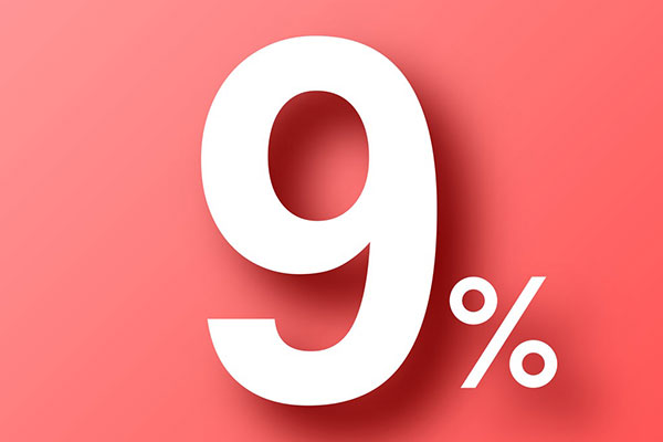 Nine per cent on red background