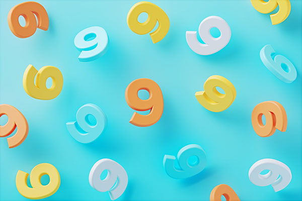 Colourful number nines on a blue background