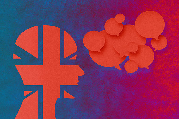 Speech bubbles and British flag head profile Getty