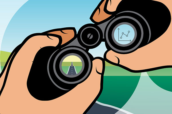 abrdn image of a road and graph seen through binoculars. Concept of the road ahead