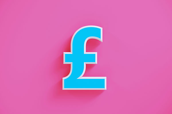 Blue pound sign on a fuchsia background