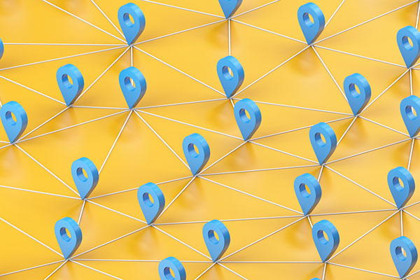 Location pins on a yellow background 600