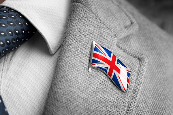 Union flag lapel pin on suit