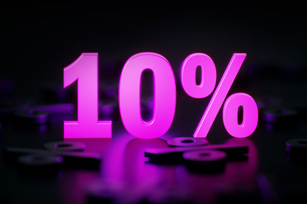 Purple 10 per cent sign against a black background 