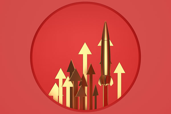 Golden arrows with a rocket on a red background