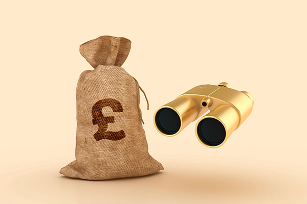 A sack of money with a pair of golden binoculars