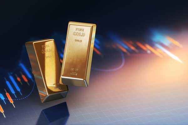 Gold bars against a stock market background