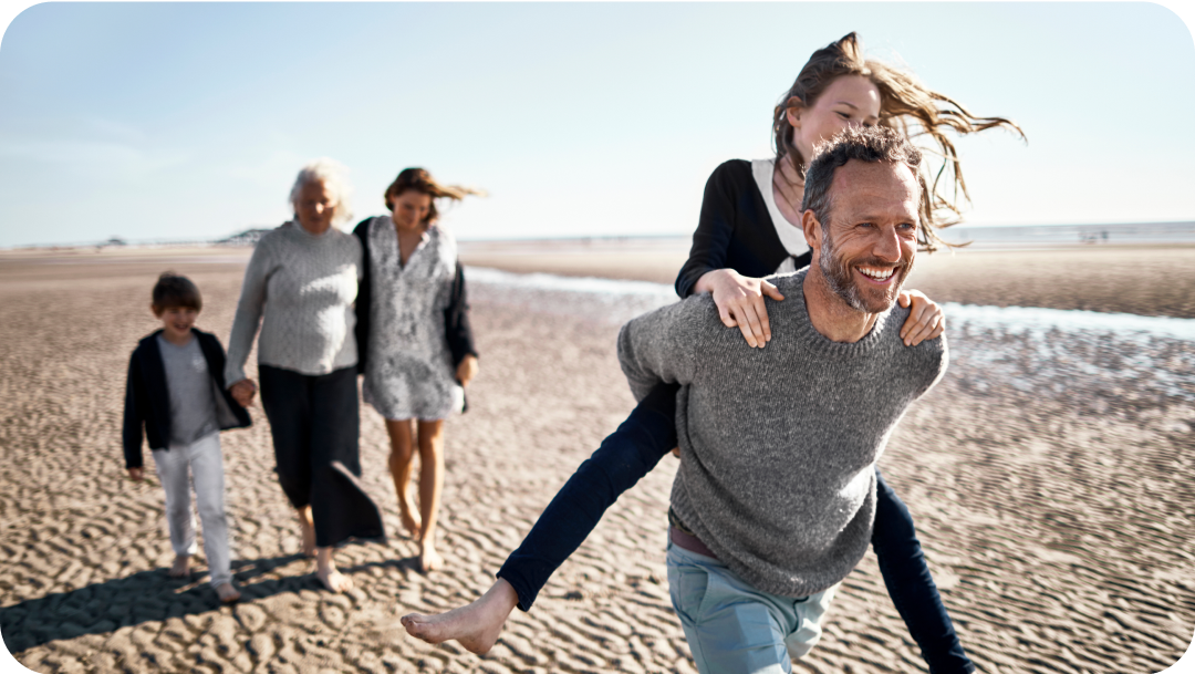 family of five on a beach