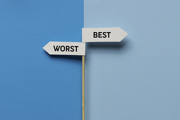 Two directional signs saying 'best' and 'worst' on a blue background