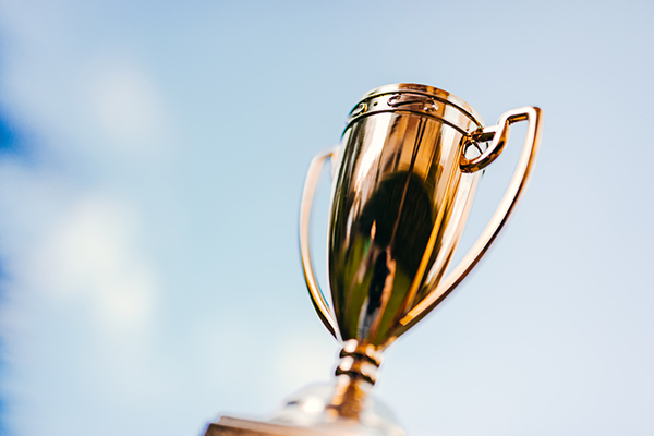 A gold trophy held aloft in the sky