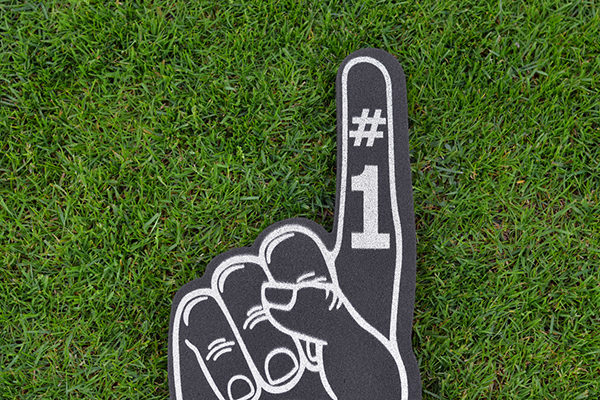 Close up of a sports foam finger on grass symbolizing a Number One team 