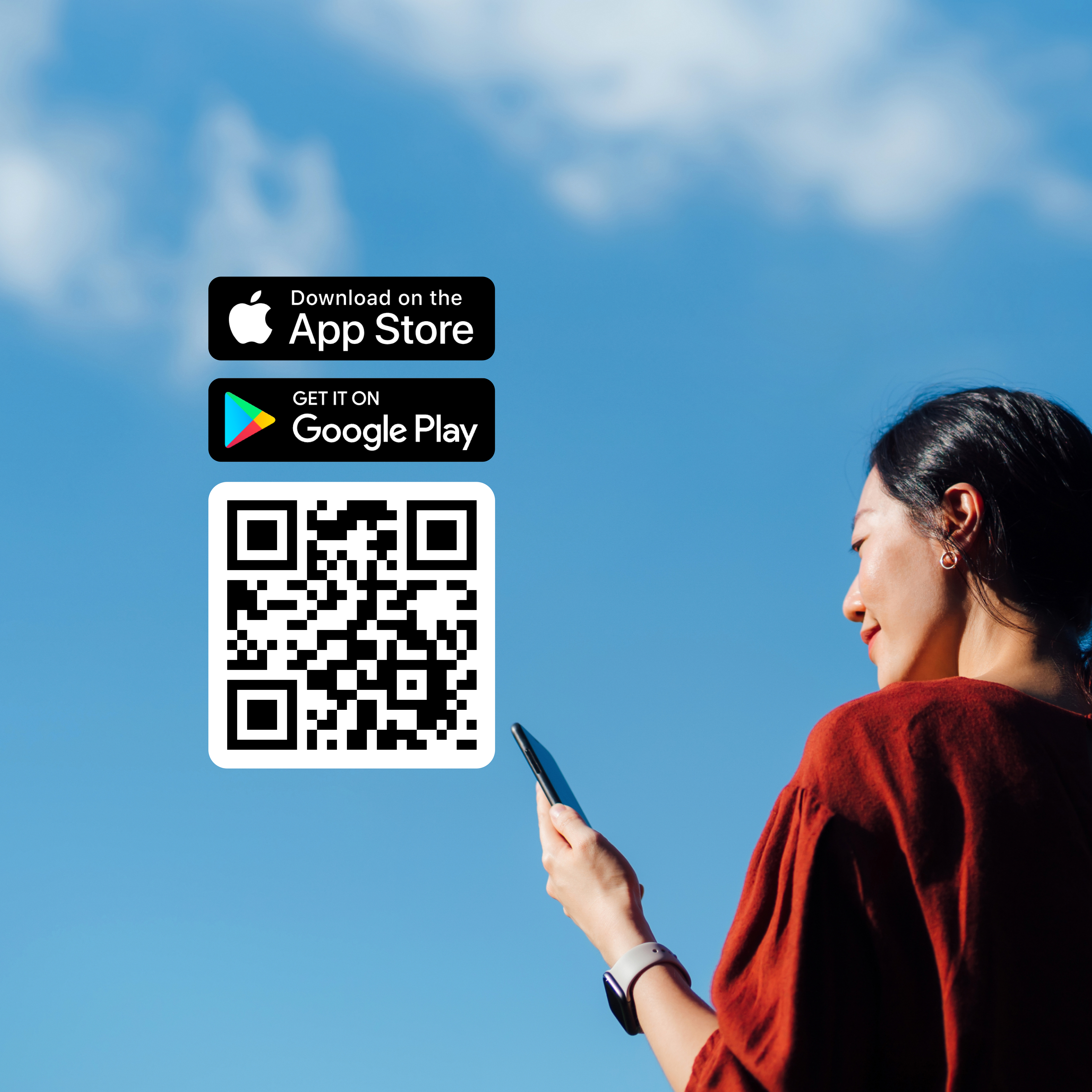 qr code for app download and woman looking at mobile