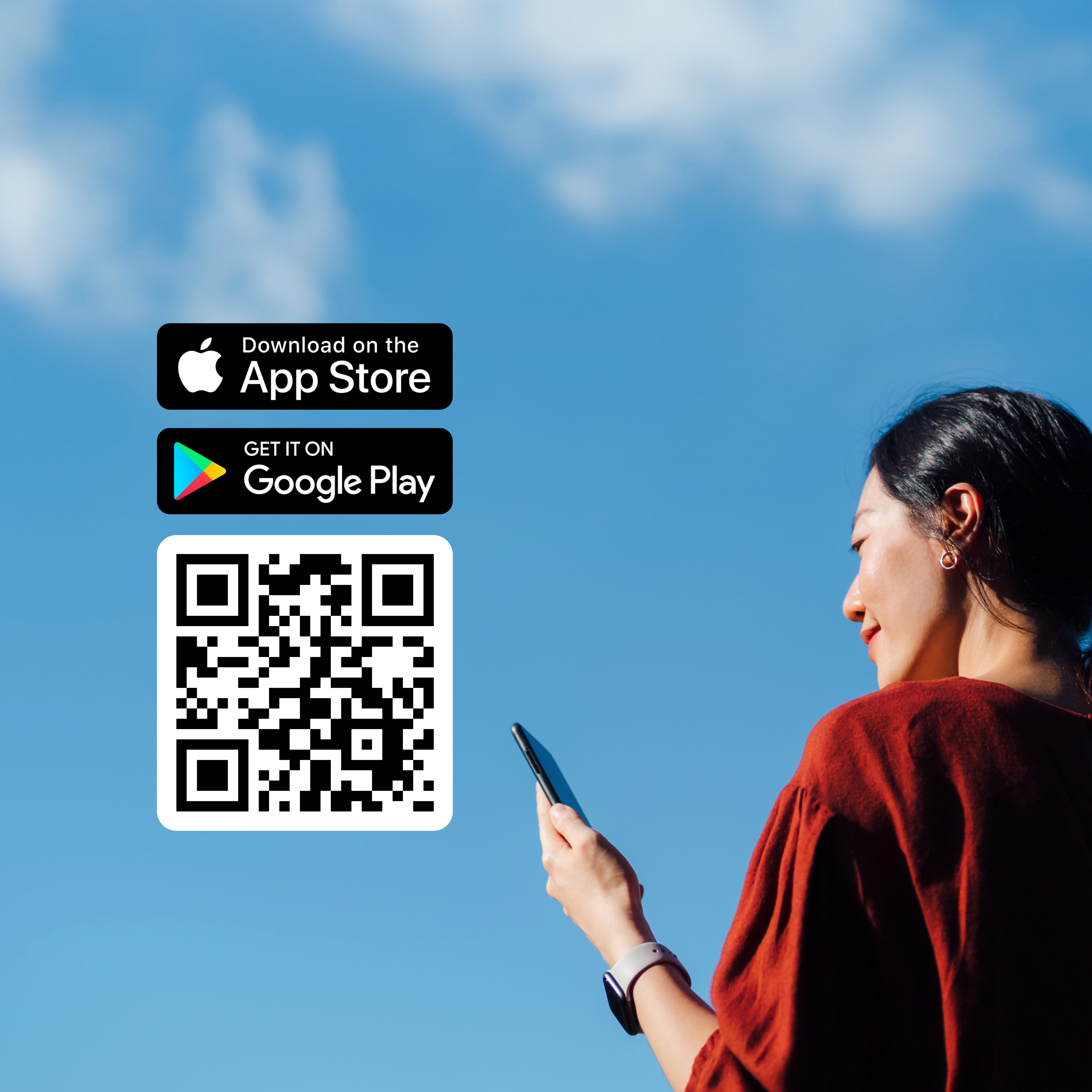 qr code for app download and woman looking at mobile