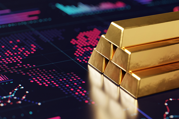 Financial charts on a digital display abstract background and three gold bars on it