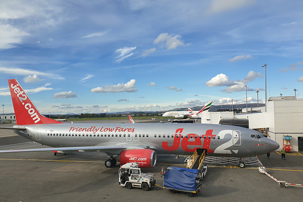 A Jet2 Boeing 737-800 at Glasgow Airport, Scotland