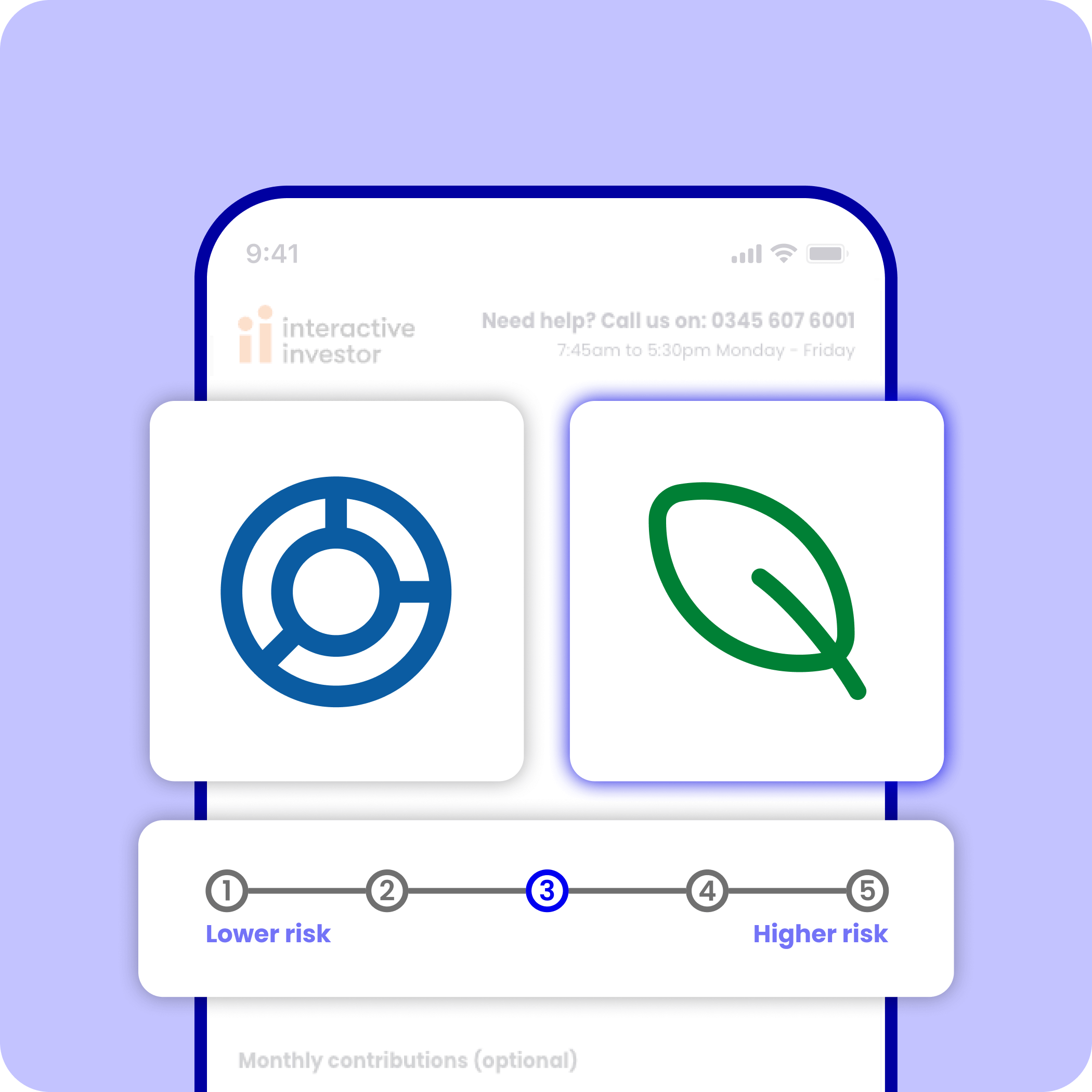 Mobile device highlighting sections of a form where user chooses between indexed or sustainable investment style and their preferred risk level