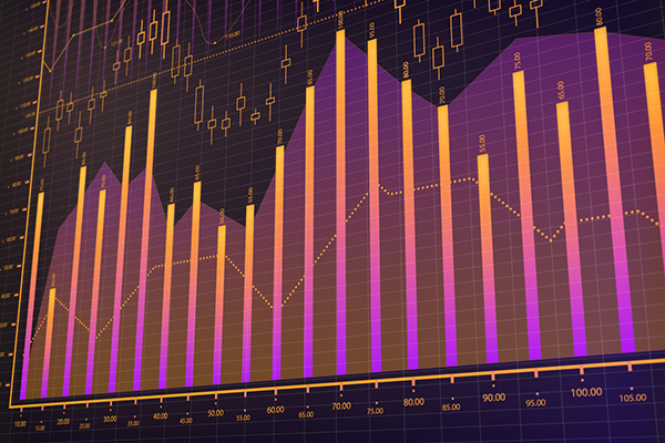 Stock market graph with pink bars