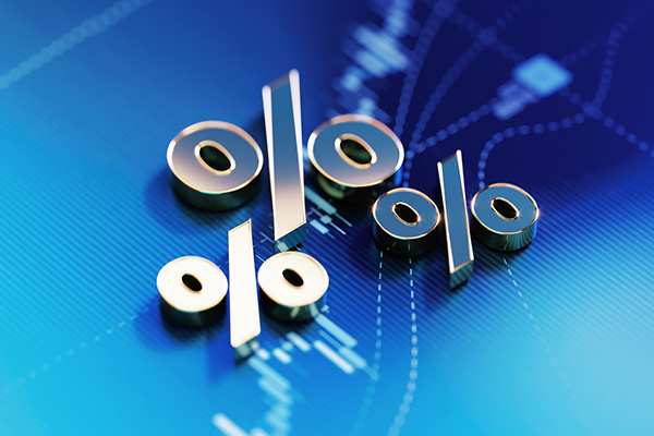 Percentage signs on blue financial graph background