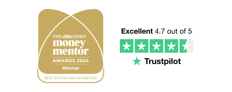 Award logo for The Times Money Mentor "Best Stocks and Shares ISA" 2024, beside "Excellent" Trustpilot badge.