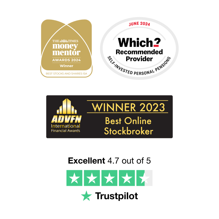 Awards logos, including The Times Money Mentor "Best Stocks and Shares ISA", Which? "Recommended Provider" for SIPPs 2024 and ADVFN's "Best Online Stockbroker 2023".