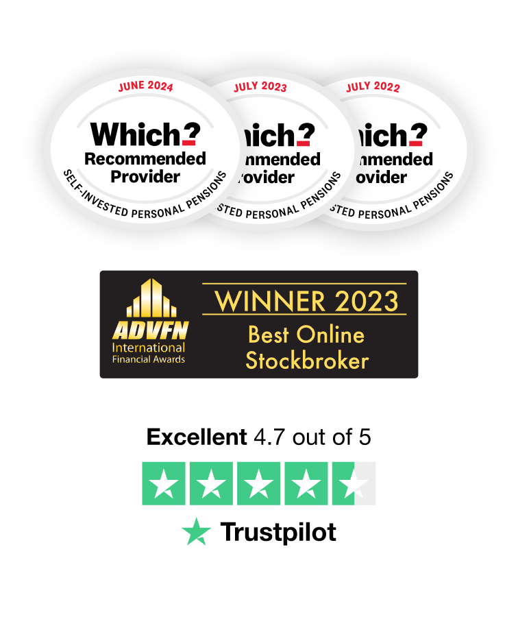 Three "Which?" Recommended Provider awards, a 2023 ADVFN award for "Best Online Stockbroker", and a 4.7-star Trustpilot rating.