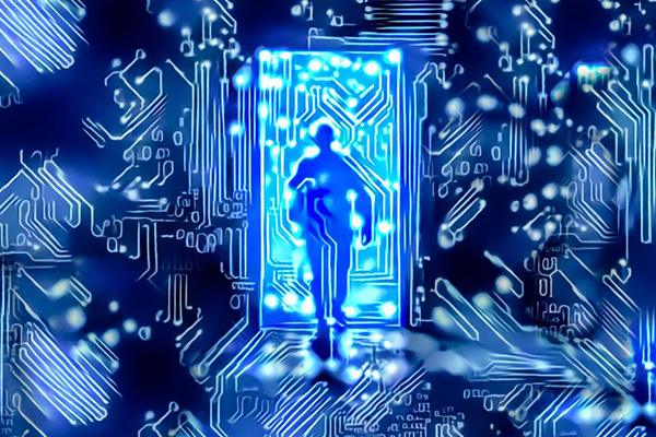 Digital circuit man walking through electronic door