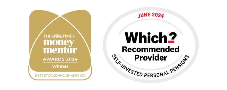 Award logos for Money Mentor's Best Stocks and Shares ISA 2024 and Which? Recommended SIPP Provider 2024. 