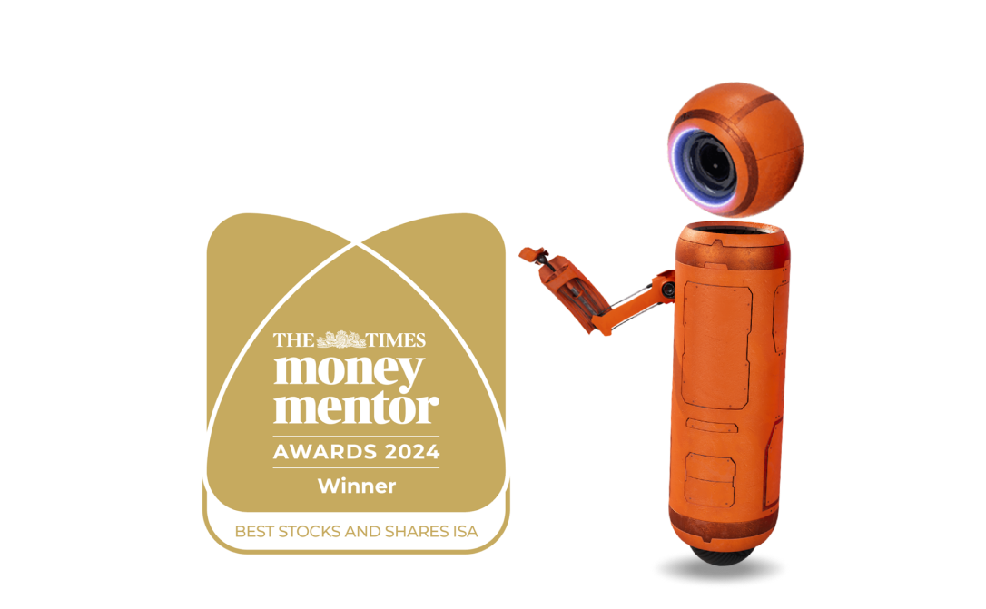 Orange robot with The Times Money Mentor Best Stocks and Shares ISA 2024 award logo