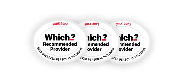 Three award logos for Which? "Recommended Provider" for Self-Invested Personal Pensions in 2024, 2023, and 2022.