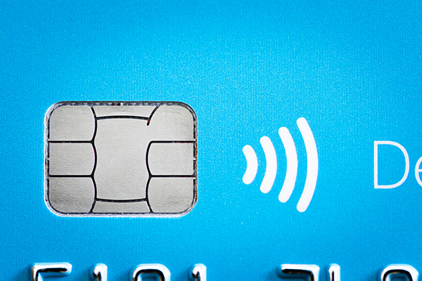 Close-up of credit card chip on bank card