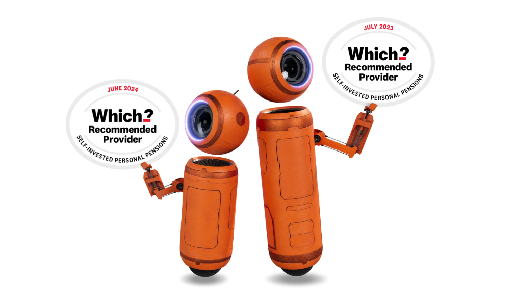 Two orange robots holding award badges for "Which? Recommended Provider" self-invested personal pensions for 2023 and 2024.