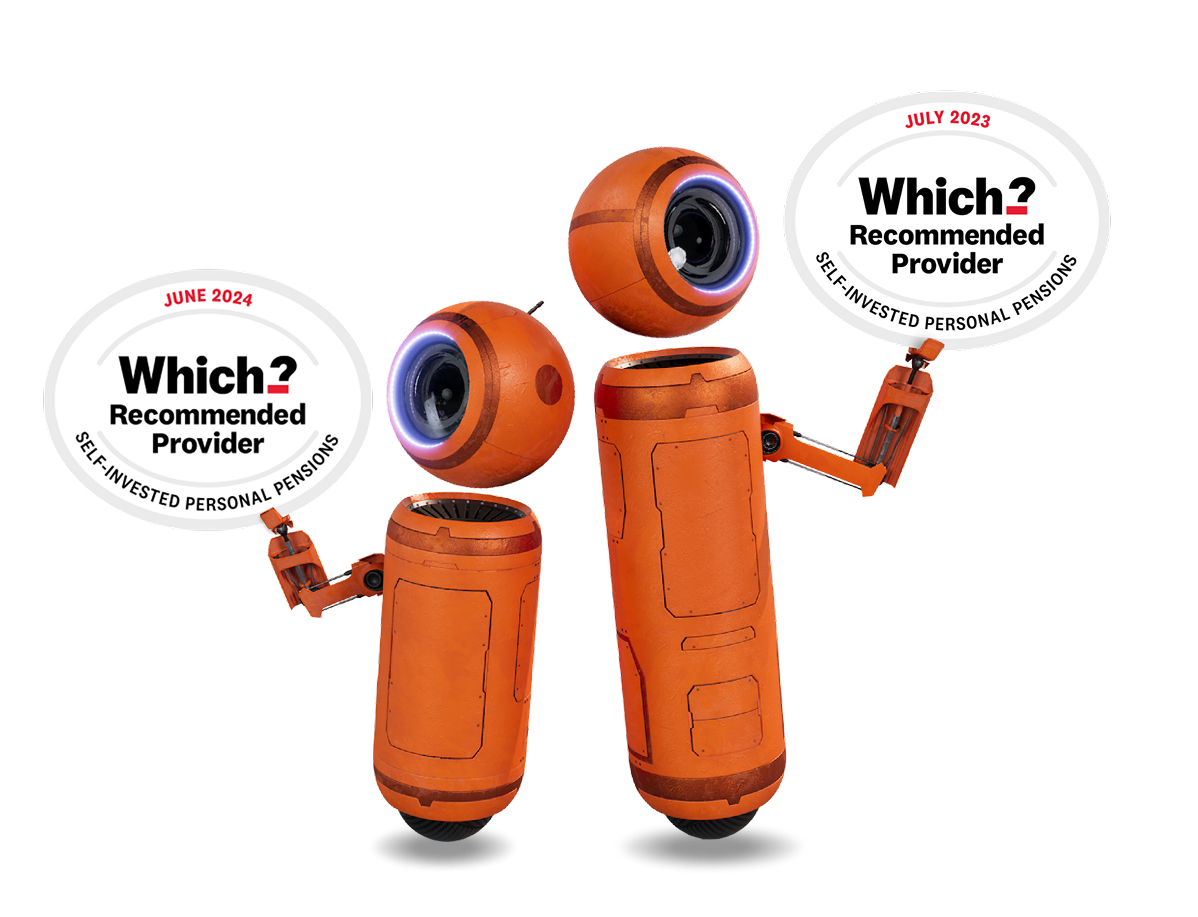 Two orange robots holding "Which? Recommended Provider" Self-Invested Personal Pension awards for 2023 and 2024.