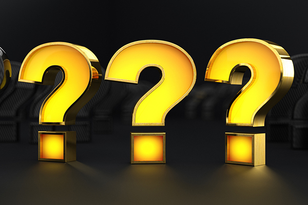 Three neon question marks against black background